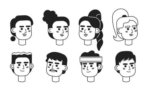 Sporty people monochrome flat linear character heads bundle. Multinational men and women. Editable outline people icons. Line users faces. 2D cartoon spot vector avatar illustration pack for animation