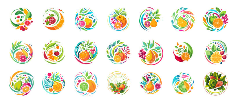 Juicy fruit, vegetables and berries, leaf icons, perfect for cafe menus and restaurant logos. Vibrant and fresh icon set. Organic and vitamin-rich vector pic collection. Isolated vector illustration.