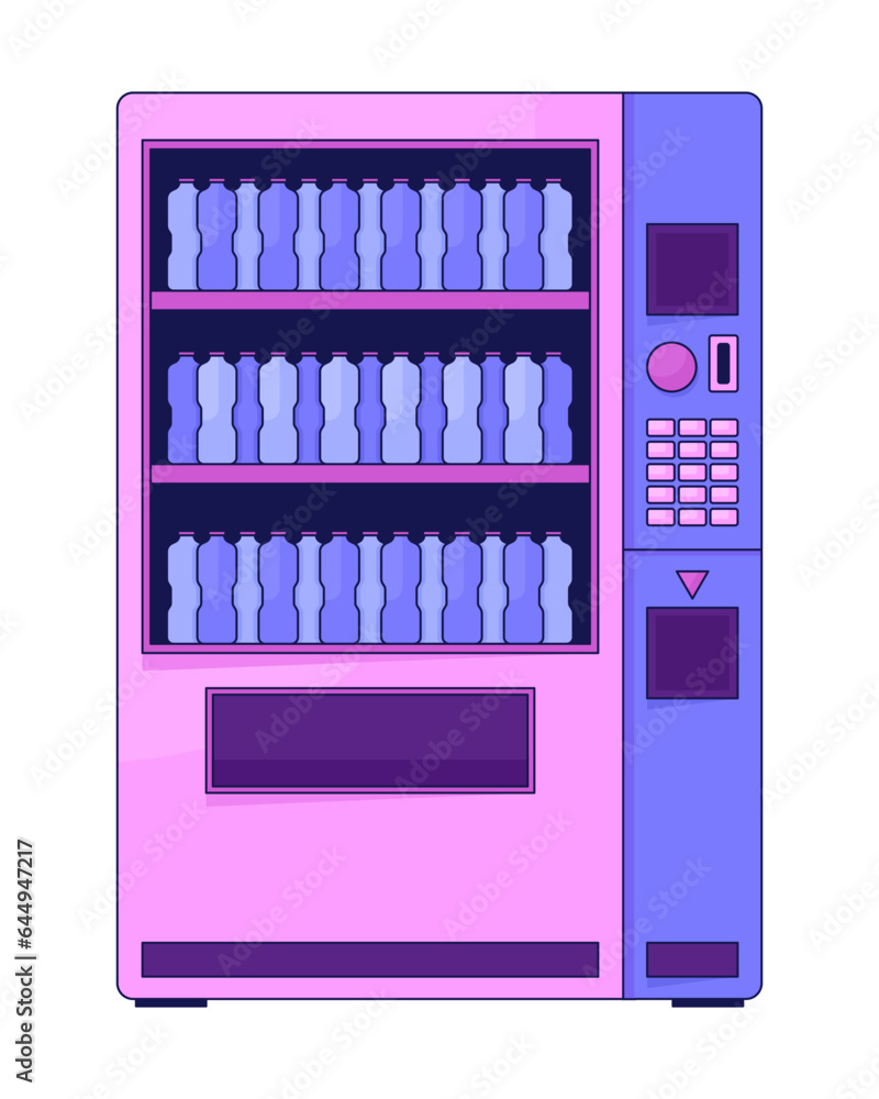 Poster vending machine with water bottles flat line color isolated vector object. vendor with beverages. ed