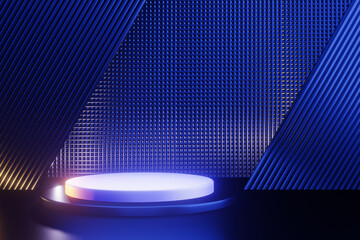 White podium or cyber futuristic platform with illuminated 3D blue neon podium for product presentation in the dark.