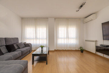 Living room of a house with sparse furniture, a gray fabric sofa