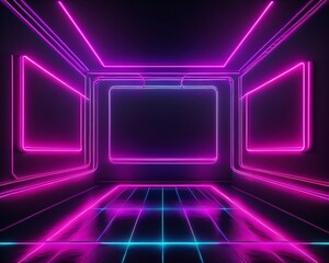 Empty dark room with neon lights background concept made with Generative AI