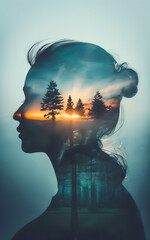 Double exposure photo,woman and natural landscape blend together,human and nature,peace of mind,abstract mentation,meditation,contemplative,philosophy,silhouett of woman,forest resources,ESG,Diversity