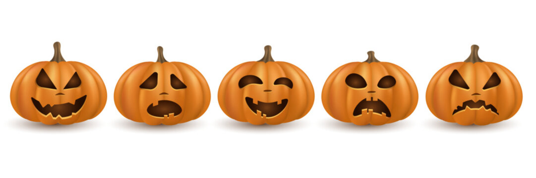 Set of 3D cartoon pumpkins on white background for Halloween. Festive emotional characters for your design. Vector illustration.