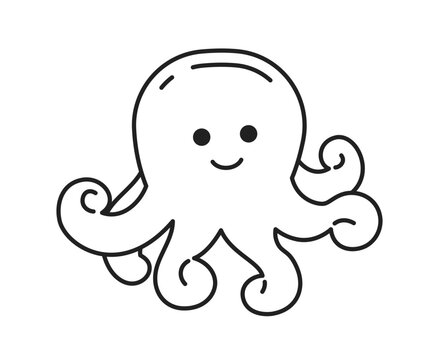 Smiling octopi with curly tentacles monochromatic flat vector character. Underwater sea creature. Editable thin line full body personage on white. Simple bw cartoon spot image for web graphic design