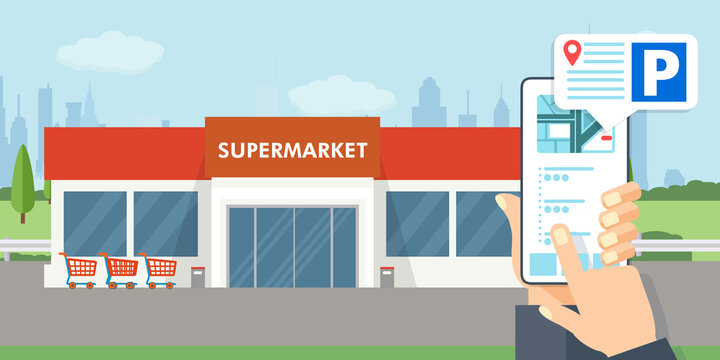 Edificio del supermercato con parcheggio. Paesaggio urbano. - illustrazioni CON PARCHEGGIO RICERCA CELLULARE ENTRATA ACQUISTO ACCESSO 