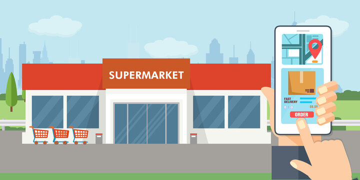 Edificio del supermercato con parcheggio. Paesaggio urbano. - illustrazioni CON PARCHEGGIO RICERCA CELLULARE ENTRATA ACQUISTO ACCESSO 
