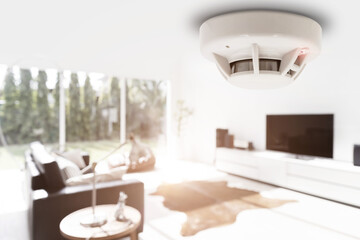 smoke detector fire alarm detector home safety device setup at home apartment room ceiling - obrazy, fototapety, plakaty