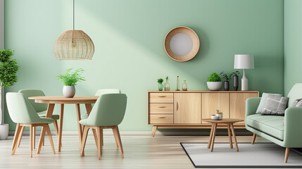 Fototapeta na wymiar Mint color chairs at round wooden dining table in room with sofa and cabinet near green wall. Scandinavian, mid-century home interior design of modern living room.