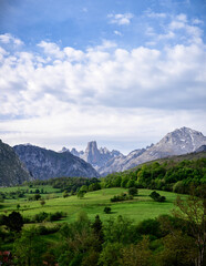 View on Naranjo de Bulnes or Picu Urriellu,  limestone peak dating from Paleozoic Era, located in Macizo Central region of Picos de Europa, mountain range in  Asturias, Spain