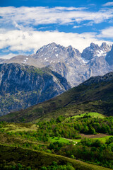 Fototapeta premium View on Naranjo de Bulnes or Picu Urriellu, limestone peak dating from Paleozoic Era, located in Macizo Central region of Picos de Europa, mountain range in Asturias, Spain