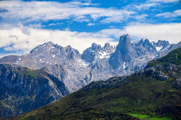 View on Naranjo de Bulnes or Picu Urriellu,  limestone peak dating from Paleozoic Era, located in Macizo Central region of Picos de Europa, mountain range in  Asturias, Spain