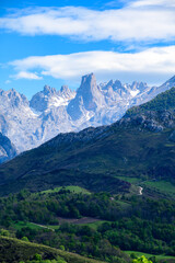 Fototapeta premium View on Naranjo de Bulnes or Picu Urriellu, limestone peak dating from Paleozoic Era, located in Macizo Central region of Picos de Europa, mountain range in Asturias, Spain