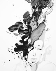Abstract Black and White Portrait of Woman with Splattered Paint and Flowing Hair in Zen State