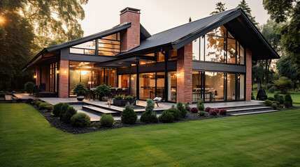 Fototapeta na wymiar modern brick house with large windows, green lawn, cottage town