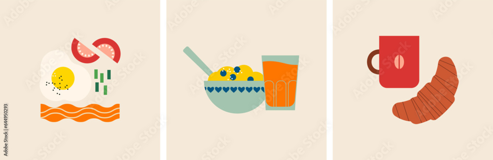 Wall mural breakfast. set of three banners healthy food illustration. fried egg, bacon, tomatoes. bowl, cereal,