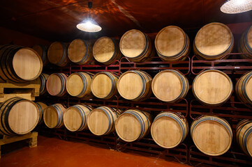 Production of fortified jerez, xeres, sherry wines in dark oak barrels in sherry triangle, Jerez la Frontera, El Puerto Santa Maria and Sanlucar Barrameda Andalusia, Spain