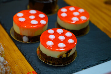 Fresh baked pastries and sweets on display in artisan Spanish confectionery shop