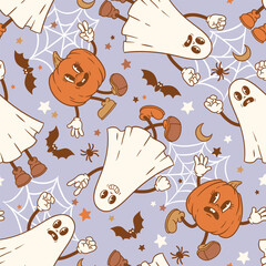 Seamless vector pattern with cute vintage characters. Autumn pumpkin, ghost, spider, bat, web moon and stars. Perfect for textile, wallpaper or print design.