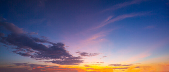 Clouds and sky of morning and evening light,Real amazing panoramic sunrise or sunset sky with gentle colorful clouds. Long panorama, crop it