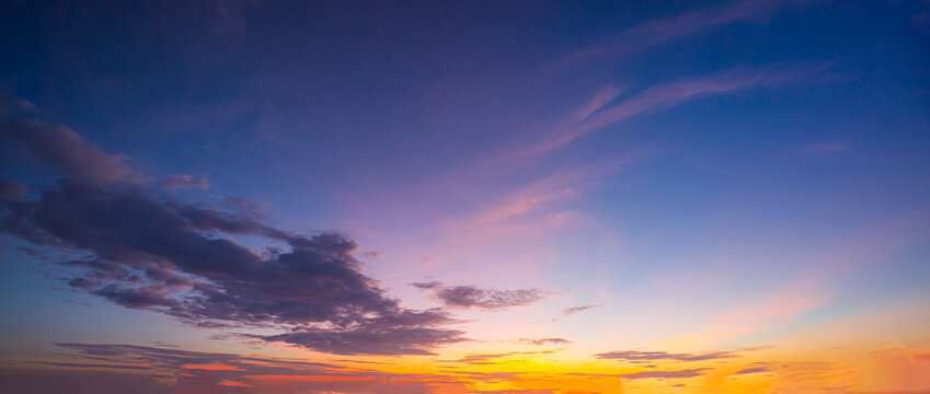 Clouds and sky of morning and evening light,Real amazing panoramic sunrise or sunset sky with gentle colorful clouds. Long panorama, crop it © banjongseal324