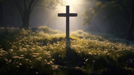 Sun shine through, creating a silhouette of the cross