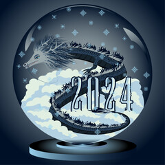 snow globe, Dragon, happy new year, 2024, 2024 year of the dragon, blue dragon, vector, illustration,new year,  tail, paw,dragon hair,  head, , snow falls in winter, 