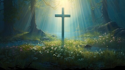 Naklejka premium Sun shine through, creating a silhouette of the cross