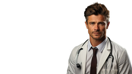 Fototapeta premium Young Smiling Male Doctor in White Lab Coat with Stethoscope - Medical Professional on transparent Background with Copy Space 