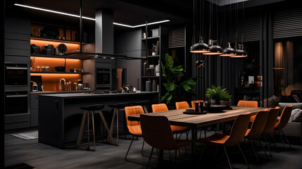 Modern Kitchen In Luxury Home. Modern kitchen with black furniture.