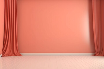 Empty room with red curtains. Minimal background for product presentation, mock up