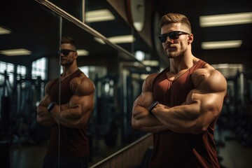 Fototapeta na wymiar Bodybuilder flexing biceps in the gym mirror - Strength and dedication - AI Generated