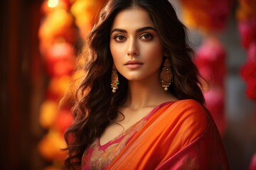 Bollywood actress in a vibrant saree amidst a minimalist backdrop - Contrast in cultural fashion - AI Generated