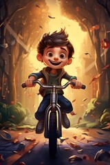 cute young boy riding bicycle at sunny summer street outdoor, generative AI