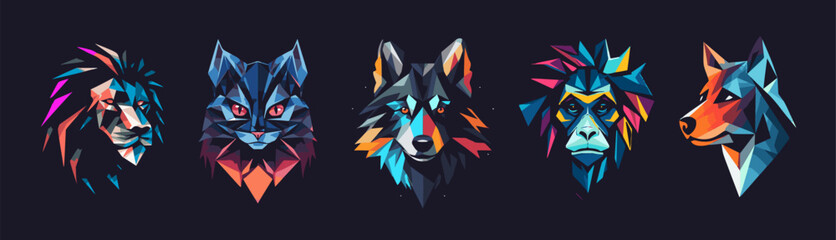 Vibrant animal portrait icon set. Geometric heads with modern luminous colors. Wild predators head in a futuristic polygonal style for logo, emblem, or label use, cosmic, neon lit nightclub. Vector © artyway