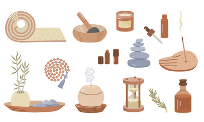 Set of meditation items.Singing bowl, yoga mat, beads,  incense burner, hourglass, essential oil diffuser, essential oils, candle, stones. Vector illustration for design, clipart.