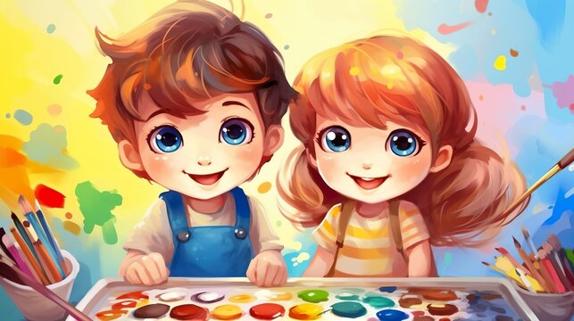 happy children painting with crayons and watercolor paint, colorful illustration, generative AI