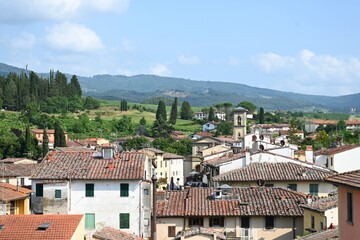 Fototapeta na wymiar Aerial view of the village Greve in the mountains of Chianti, Tuscany, Italy