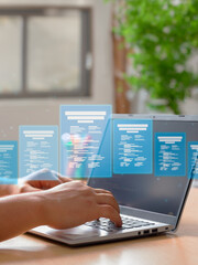 Vertical Photo of a Man completing a checklist of online digital forms for assessing business...