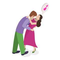 3D Isometric Flat Vector Set of Happy Love Couples, Kisses. Item 1