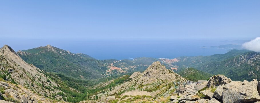 Scenic aerial panoramic view from "Monte Perone" mountain, Elba, Italy