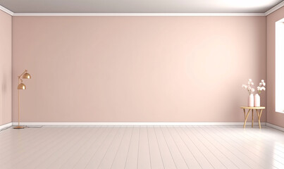 Empty light wall with beautiful chiaroscuro and wooden floor. Minimalist background for product presentation, mock up