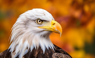 Fototapeta premium Bald eagle bird resting on a branch of a tree in the jungle at autumn.