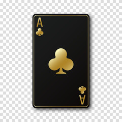 A black card with a gold plated card suit. Ace of clubs on a transparent background. Vector illustration.