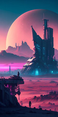 A cyberpunk landscape during Pluto time of day.