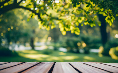 Naklejka premium Empty wooden table, summer time on blurred nature backyard garden forest background. concept scene stage showcase for new product, promotion sale, banner, presentation, cosmetic, copy space