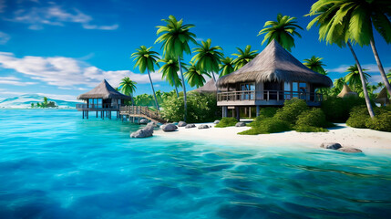Tropical island with palm trees and bungalows at Maldives