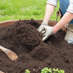 Gardeners hand spreading compost