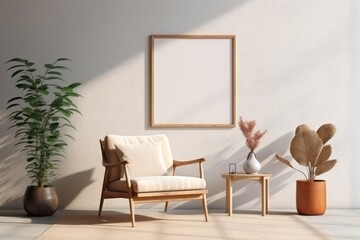 Blank wooden picture frame mockup on wall in light living room interior. Generative AI