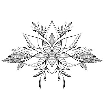 Mandala lotus decoration line work ornament for print tattoo Indian design illustration isolation on white background for yoga meditation abstract floral background